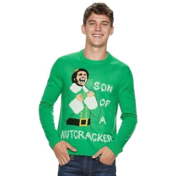 ELF Movie Mens Green Son Of A Nutcracker Buddy Holiday Ugly Christmas Sweater - Picture 1 of 3